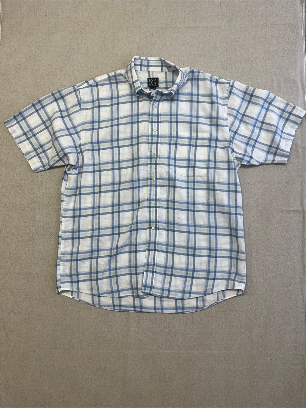 JOS. A. Bank 100% Linen Plaid Button Front Shirt Blue White Men’s Large